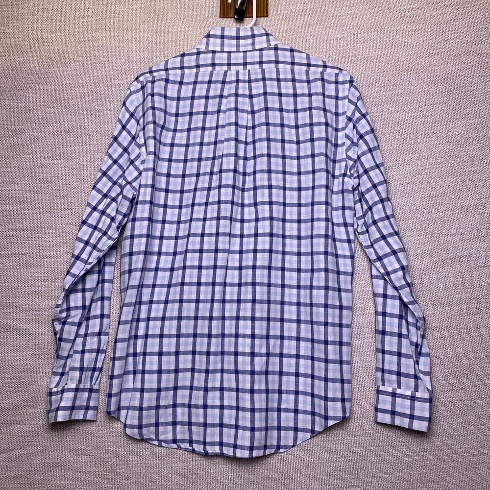 Brooks Brothers 1818 Shirt M Mens S/S Button Down Irish Linen Blue Check VGUC - Picture 3 of 9